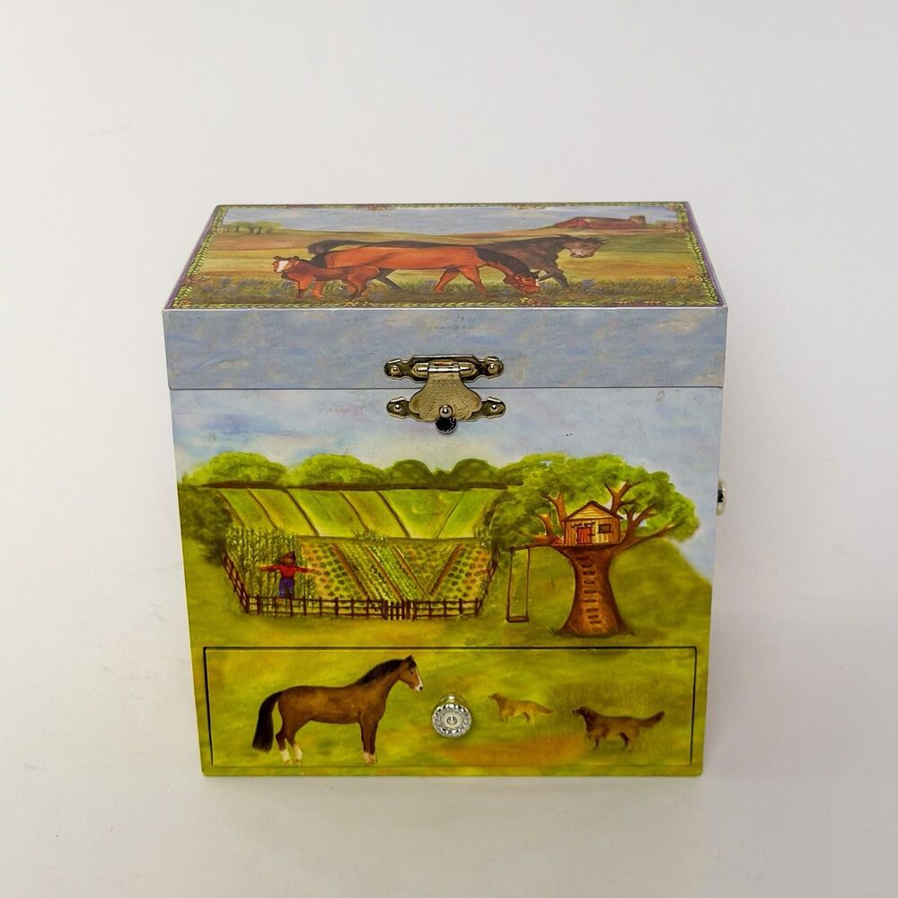 Vintage Enchantmint Horse Ranch Musical Jewelry Box w/ Drawers Mirror Farm Scene - Picture 4 of 12